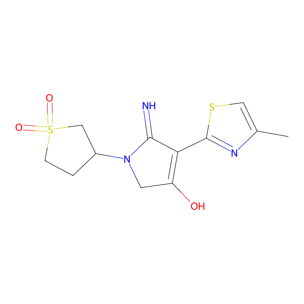 1-(1,1-dioxidotetrahydrothiophen-3-yl)-5-imino-4-(4-methyl-1,3-thiazol-2-yl)-2,5-dihydro-1H-pyrrol-3-ol molecular structure, CAS 213251-28-6