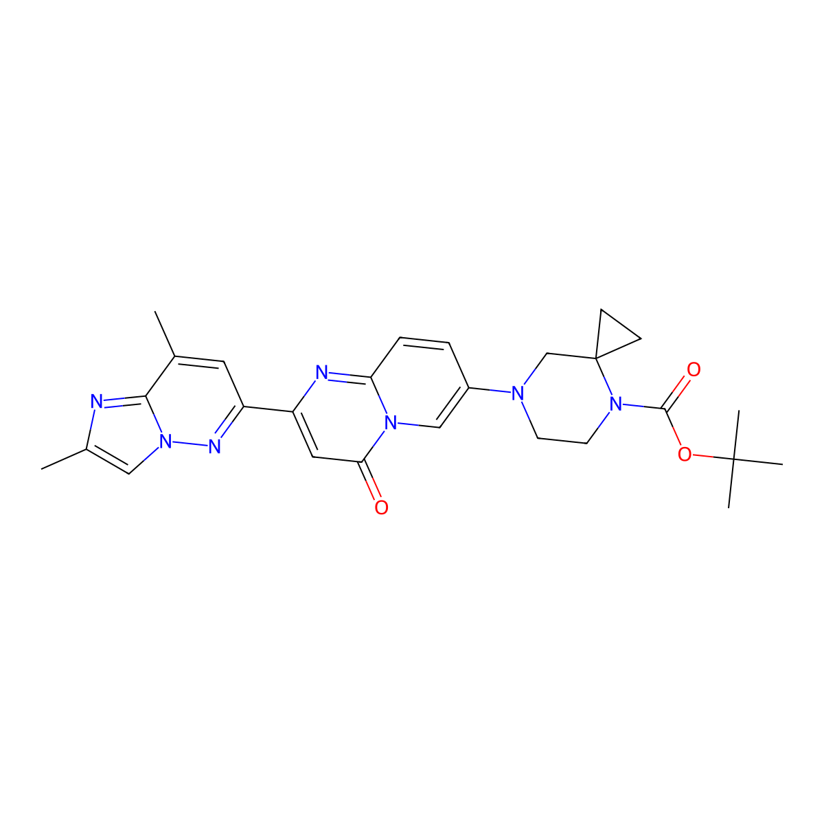 tert-Butyl 7-(2-(2,8-dimethylimidazo[1,2-b]pyridazin-6-yl)-4-oxo-4H-pyrido[1,2-a]pyrimidin-7-yl)-4,7-diazaspiro[2.5]octane-4-carboxylate molecular structure, CAS 2133298-74-3