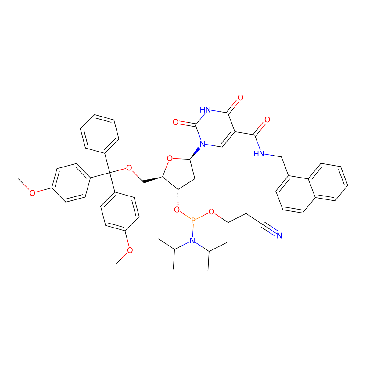 1-[(2R,4S,5R)-5-[[bis(4-methoxyphenyl)-phenylmethoxy]methyl]-4-[2-cyanoethoxy-[di(propan-2-yl)amino]phosphanyl]oxyoxolan-2-yl]-N-(naphthalen-1-ylmethyl)-2,4-dioxopyrimidine-5-carboxamide molecular structure, CAS 2133842-85-8