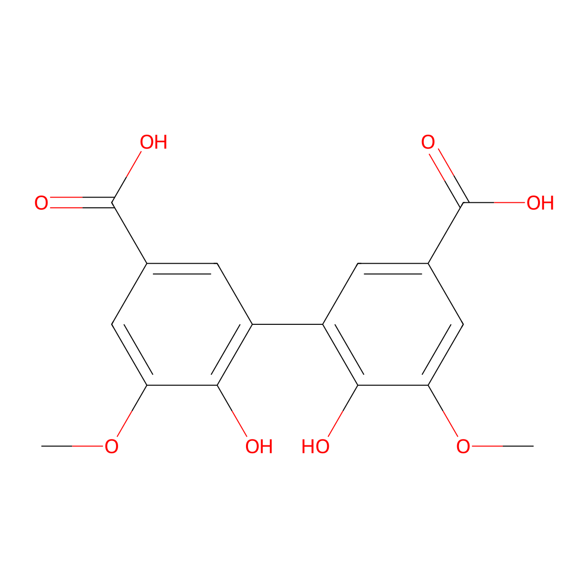 6,6'-Dihydroxy-5,5'-dimethoxybiphenyl-3,3'-dicarboxylic acid molecular structure, CAS 2134-90-9