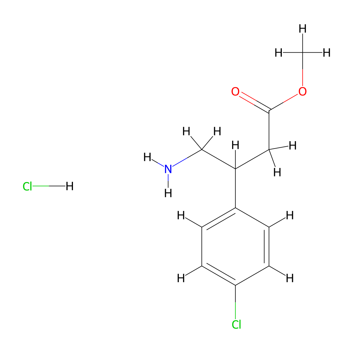 Methyl 4-amino-3-(4-chlorophenyl)butanoate hydrochloride molecular structure, CAS 213407-11-5