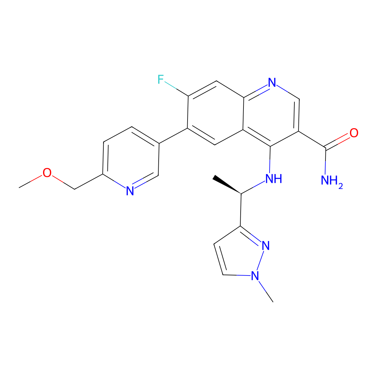 7-Fluoro-6-[6-(methoxymethyl)-3-pyridinyl]-4-[[(1R)-1-(1-methyl-1H-pyrazol-3-yl)ethyl]amino]-3-quinolinecarboxamide molecular structure, CAS 2134096-50-5