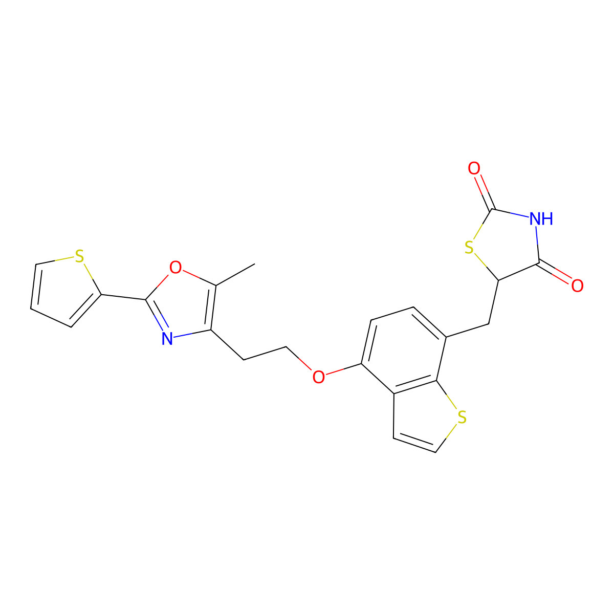 5-[[4-[2-(5-Methyl-2-thiophen-2-yl-1,3-oxazol-4-yl)ethoxy]-1-benzothiophen-7-yl]methyl]-1,3-thiazolidine-2,4-dione molecular structure, CAS 213411-84-8
