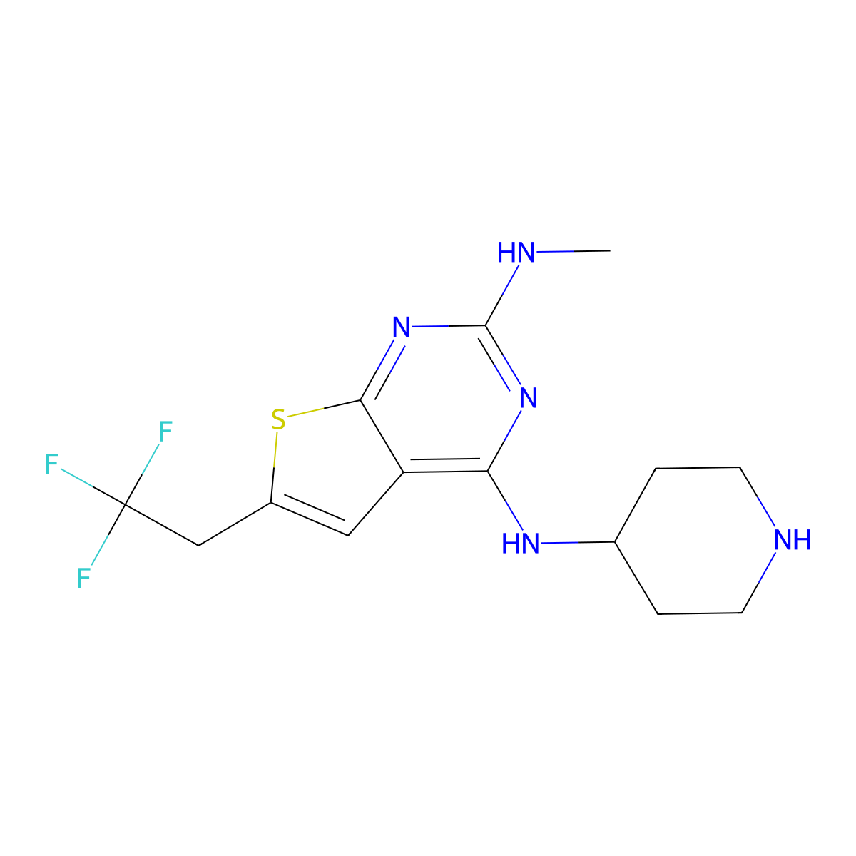 N2-methyl-N4-(4-piperidyl)-6-(2,2,2-trifluoroethyl)thieno[2,3-d]pyrimidine-2,4-diamine molecular structure, CAS 2134170-30-0