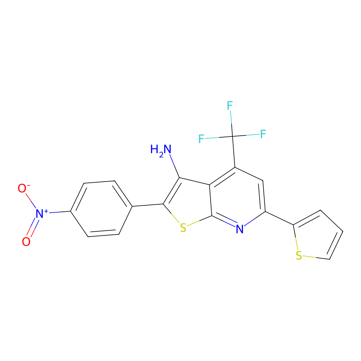 2-(4-Nitrophenyl)-6-thiophen-2-yl-4-trifluoromethyl-thieno[2,3-b]pyridin-3-ylamine molecular structure, CAS 213481-51-7