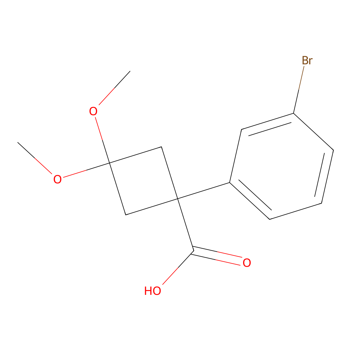 1-(3-Bromophenyl)-3,3-dimethoxycyclobutane-1-carboxylic acid molecular structure, CAS 2135331-42-7