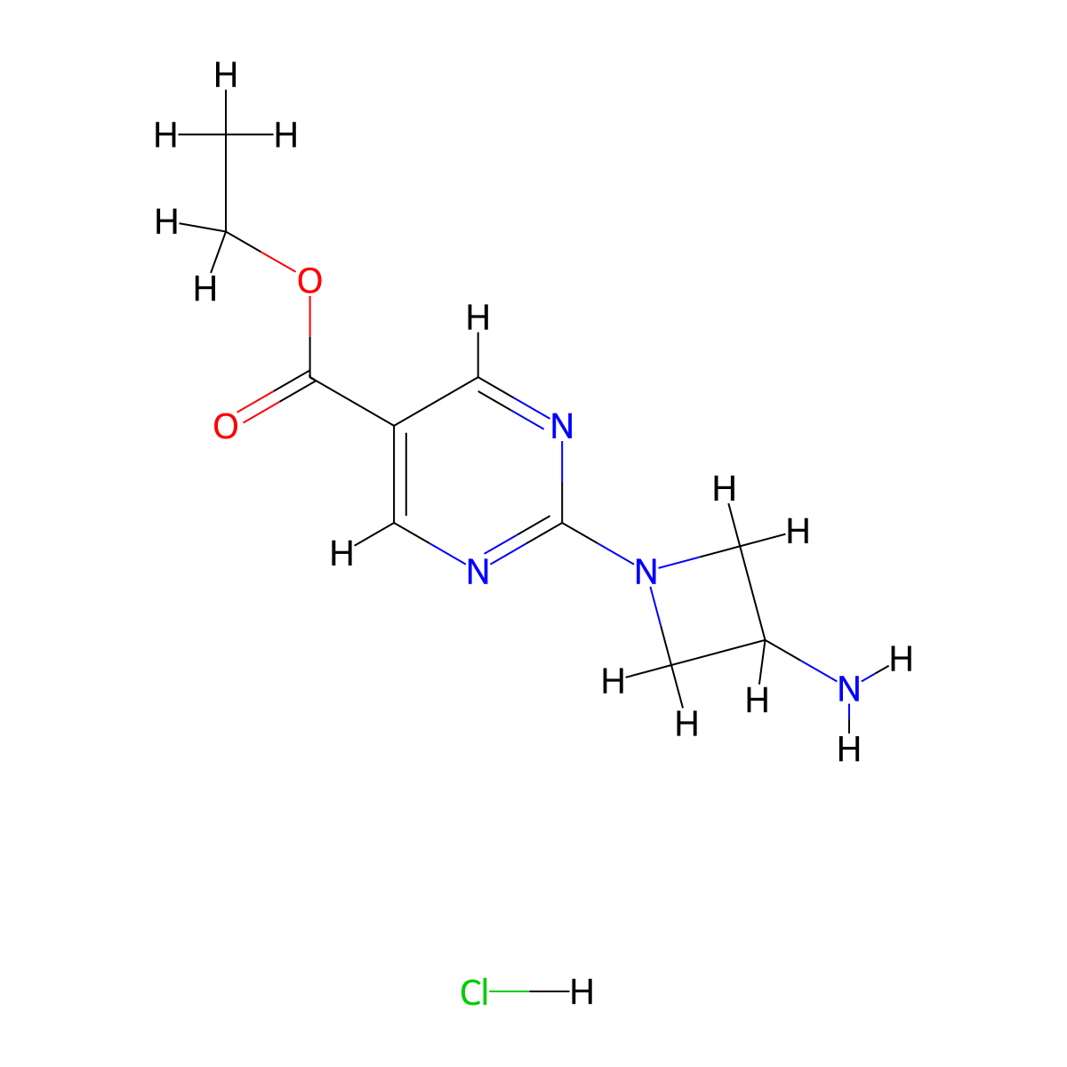 Ethyl 2-(3-aminoazetidin-1-yl)pyrimidine-5-carboxylate hydrochloride molecular structure, CAS 2135333-02-5