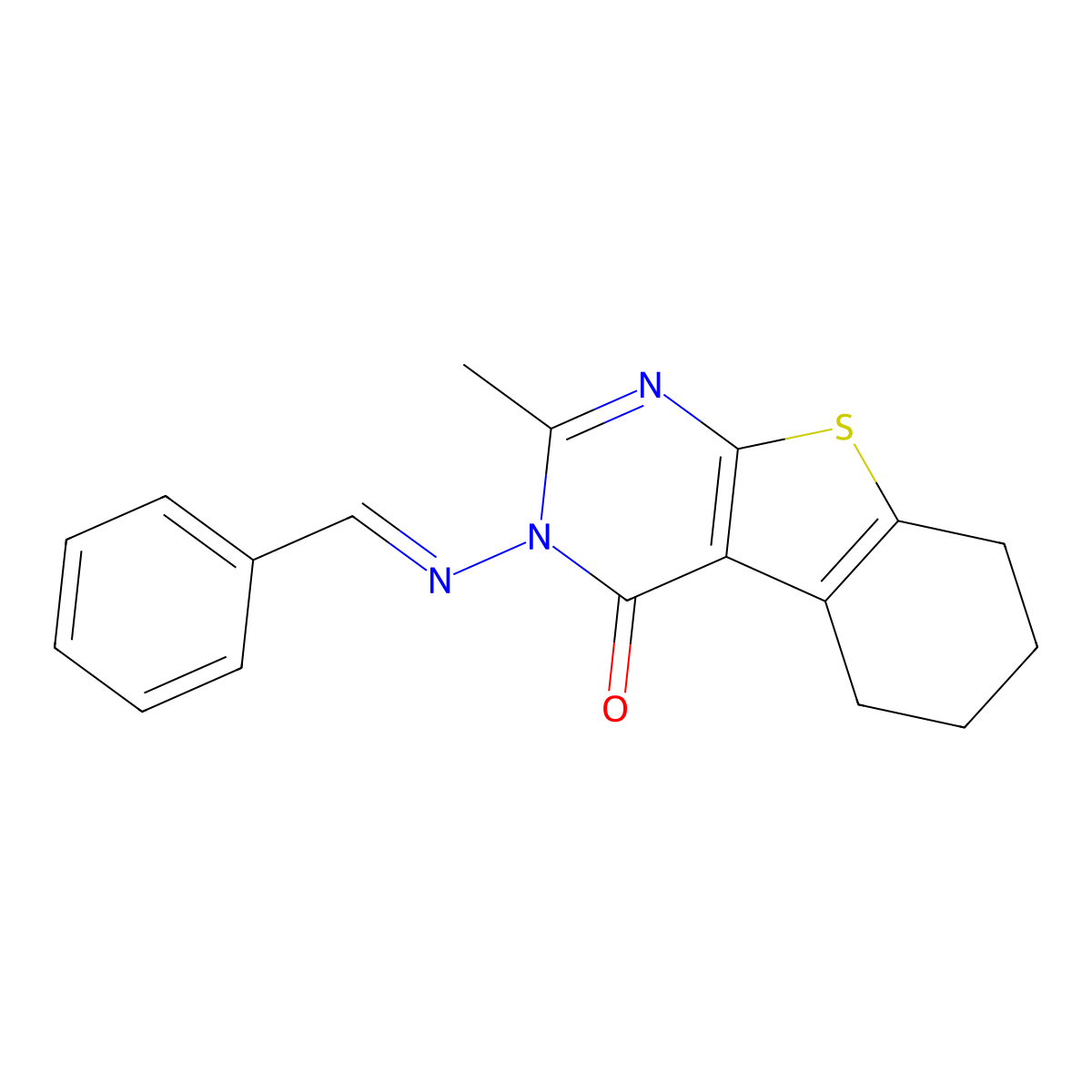 5,6,7,8-Tetrahydro-2-methyl-3-[(phenylmethylene)amino][1]benzothieno[2,3-d]pyrimidin-4(3H)-one molecular structure, CAS 213552-75-1