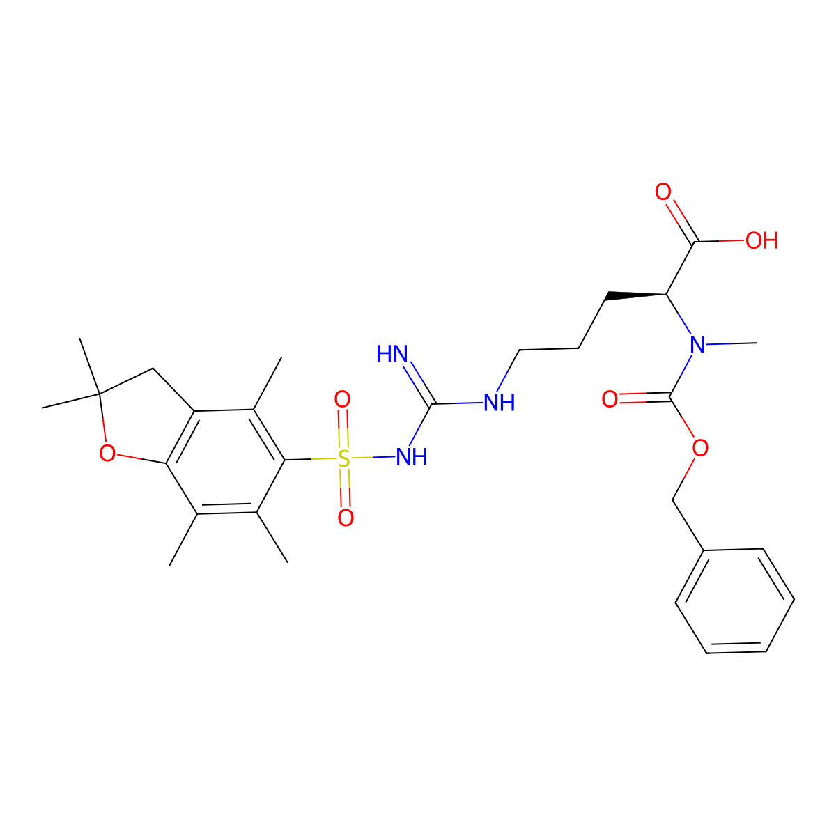 (S)-2-(((Benzyloxy)carbonyl)(methyl)amino)-5-(3-((2,2,4,6,7-pentamethyl-2,3-dihydrobenzofuran-5-yl)sulfonyl)guanidino)pentanoic acid molecular structure, CAS 2135655-88-6