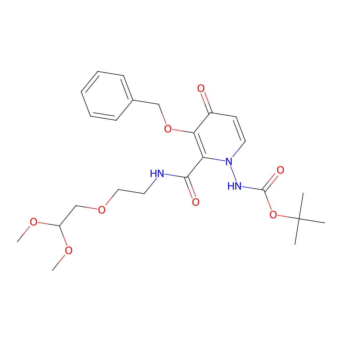 tert-Butyl (3-(benzyloxy)-2-((2-(2,2-dimethoxyethoxy)ethyl)carbamoyl)-4-oxopyridin-1(4H)-yl)carbamate molecular structure, CAS 2136287-61-9