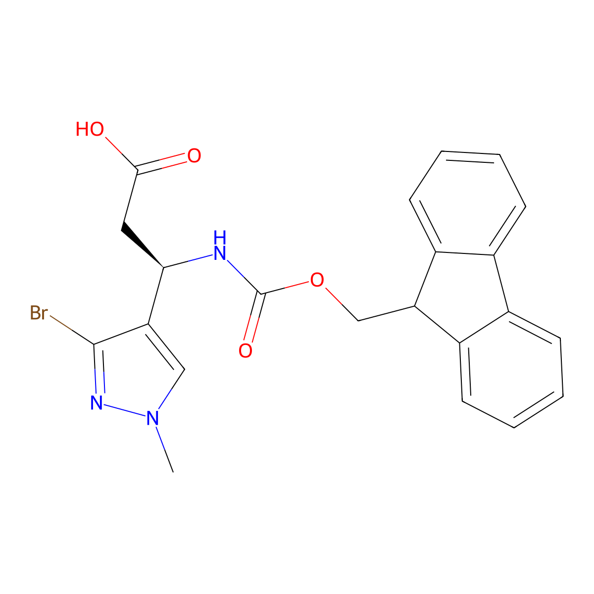 (3R)-3-(3-bromo-1-methyl-1H-pyrazol-4-yl)-3-({[(9H-fluoren-9-yl)methoxy]carbonyl}amino)propanoic acid molecular structure, CAS 2136711-19-6