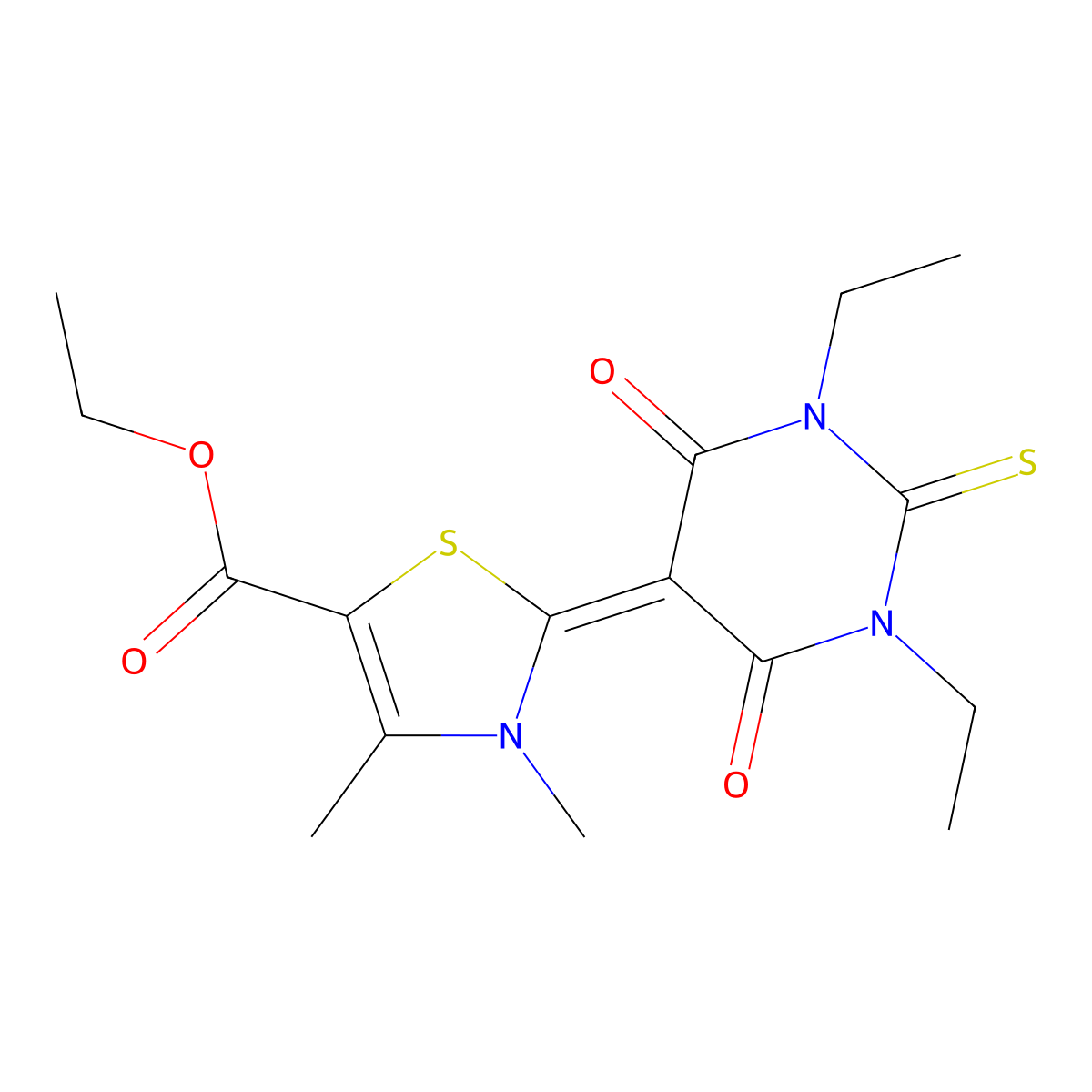 Ethyl 2-(1,3-diethyltetrahydro-4,6-dioxo-2-thioxo-(2H)-pyrimidin-5-ylidene)-2,3-dihydro-3,4-dimethylthiazole-5-carboxylate molecular structure, CAS 21368-26-3