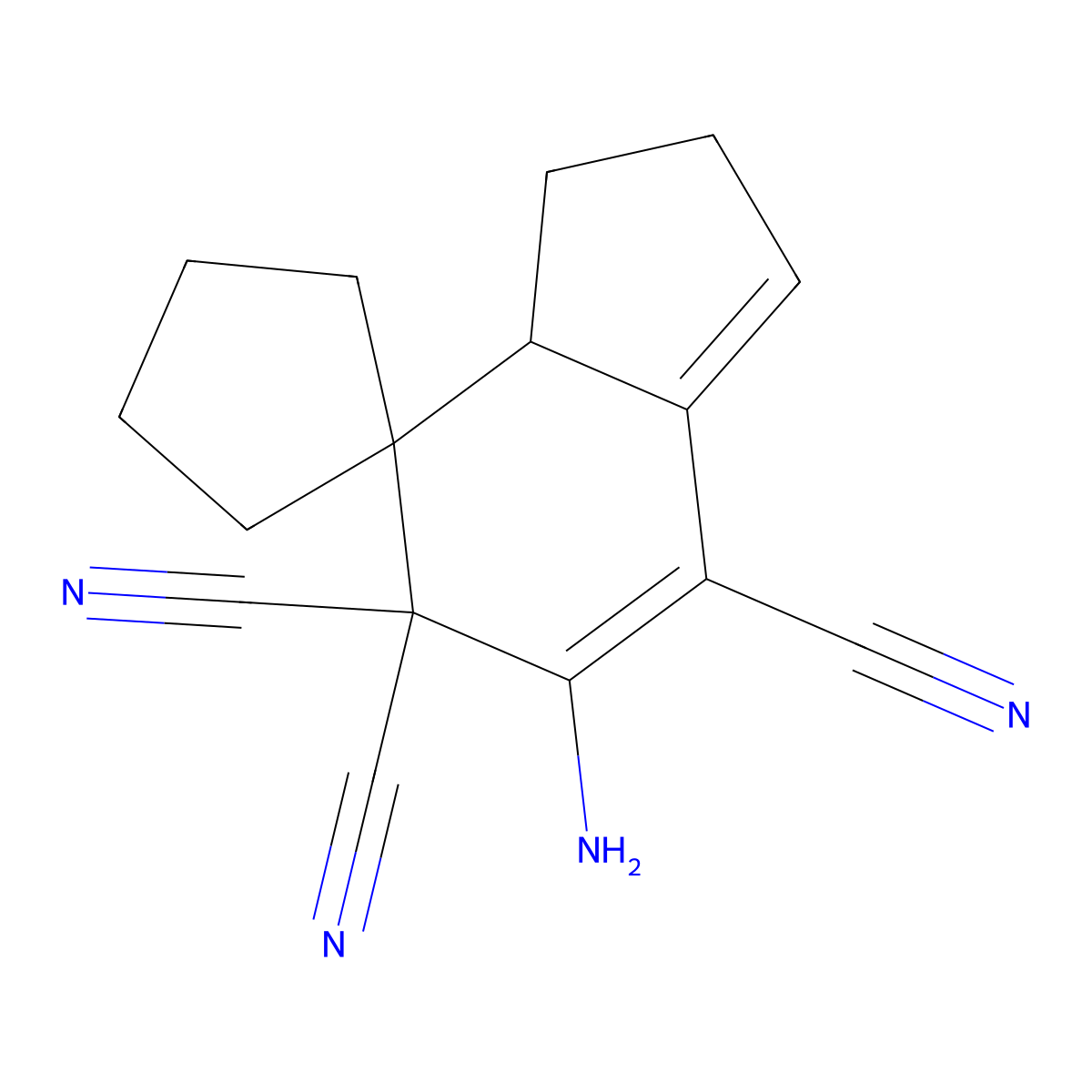 Spiro(cyclopentane-1,4'-(4H)indene)-5',5',7'(2'H)-tricarbonitrile, 6'-amino-3',3'a-dihydro- molecular structure, CAS 21369-33-5