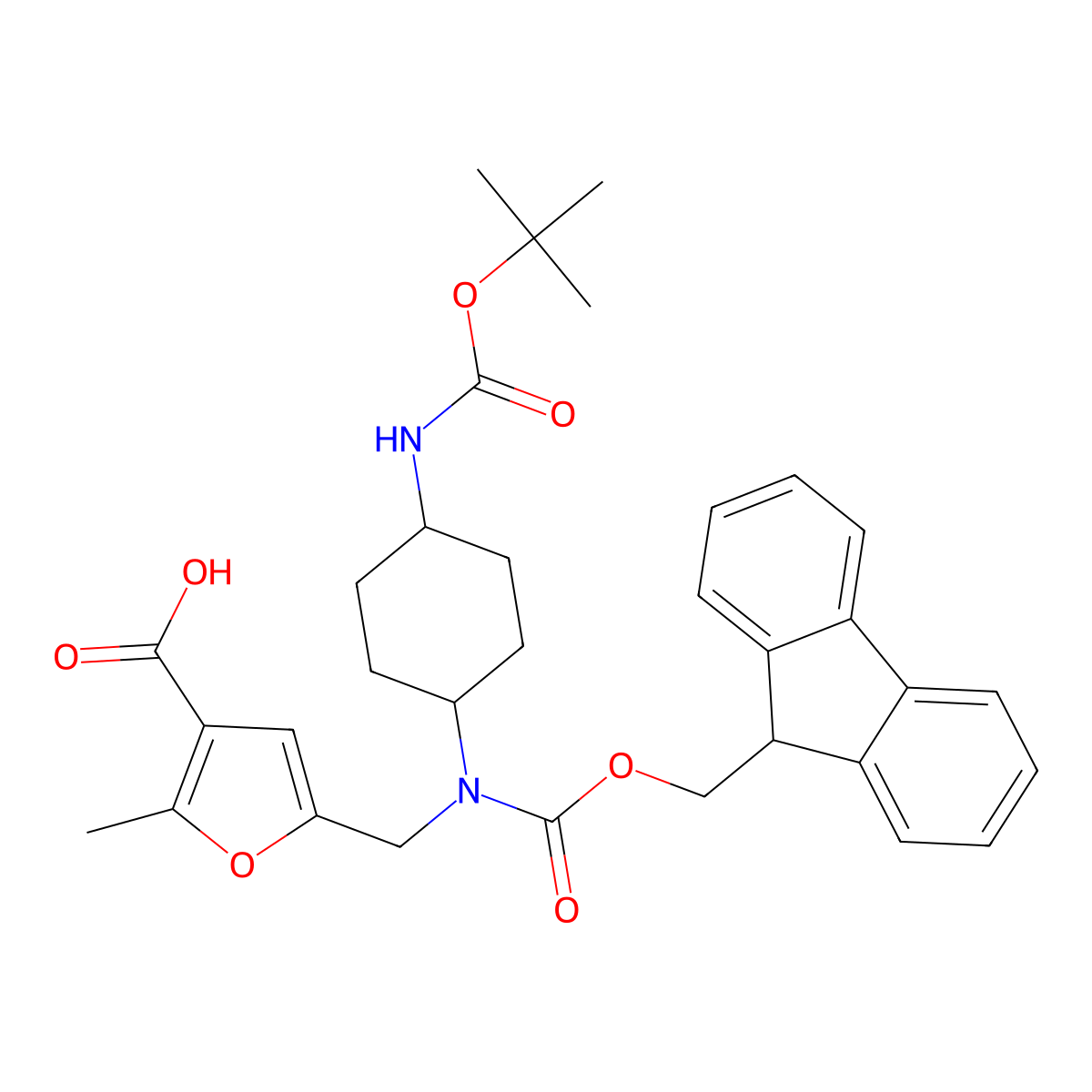 5-[({[(9H-fluoren-9-yl)methoxy]carbonyl}[(1r,4r)-4-{[(tert-butoxy)carbonyl]amino}cyclohexyl]amino)methyl]-2-methylfuran-3-carboxylic acid molecular structure, CAS 2137029-22-0