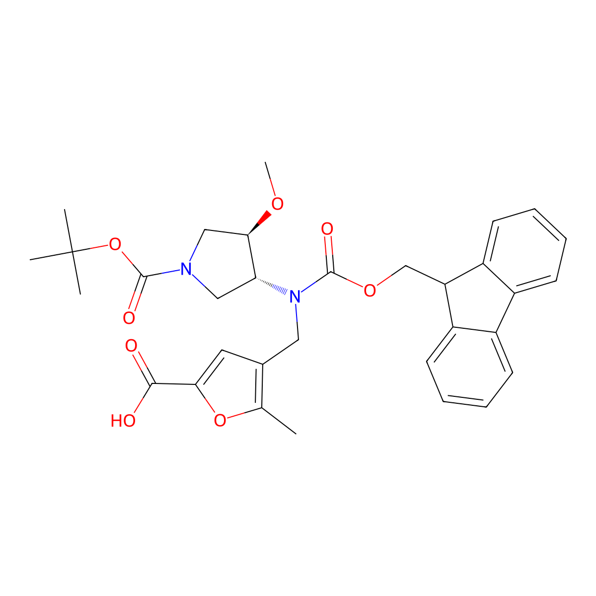 rac-4-({[(3R,4R)-1-[(tert-butoxy)carbonyl]-4-methoxypyrrolidin-3-yl]({[(9H-fluoren-9-yl)methoxy]carbonyl})amino}methyl)-5-methylfuran-2-carboxylic acid molecular structure, CAS 2137030-08-9