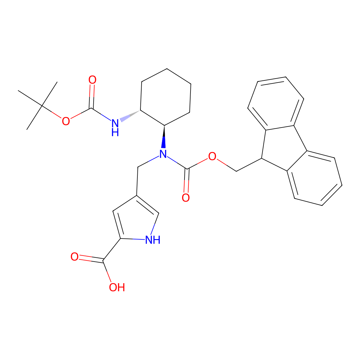 rac-4-({[(1R,2R)-2-{[(tert-butoxy)carbonyl]amino}cyclohexyl]({[(9H-fluoren-9-yl)methoxy]carbonyl})amino}methyl)-1H-pyrrole-2-carboxylic acid molecular structure, CAS 2137036-53-2