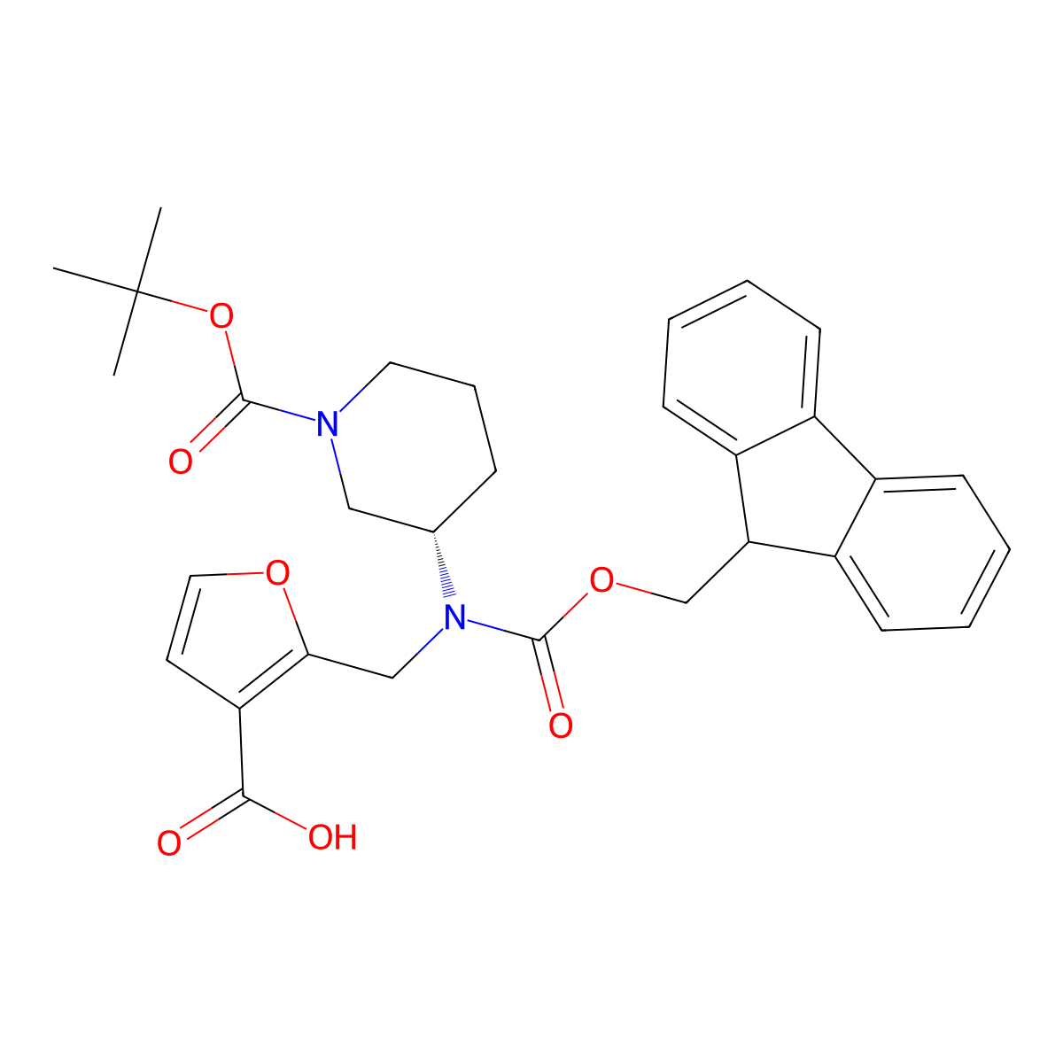 2-({[(3S)-1-[(tert-butoxy)carbonyl]piperidin-3-yl]({[(9H-fluoren-9-yl)methoxy]carbonyl})amino}methyl)furan-3-carboxylic acid molecular structure, CAS 2137057-10-2