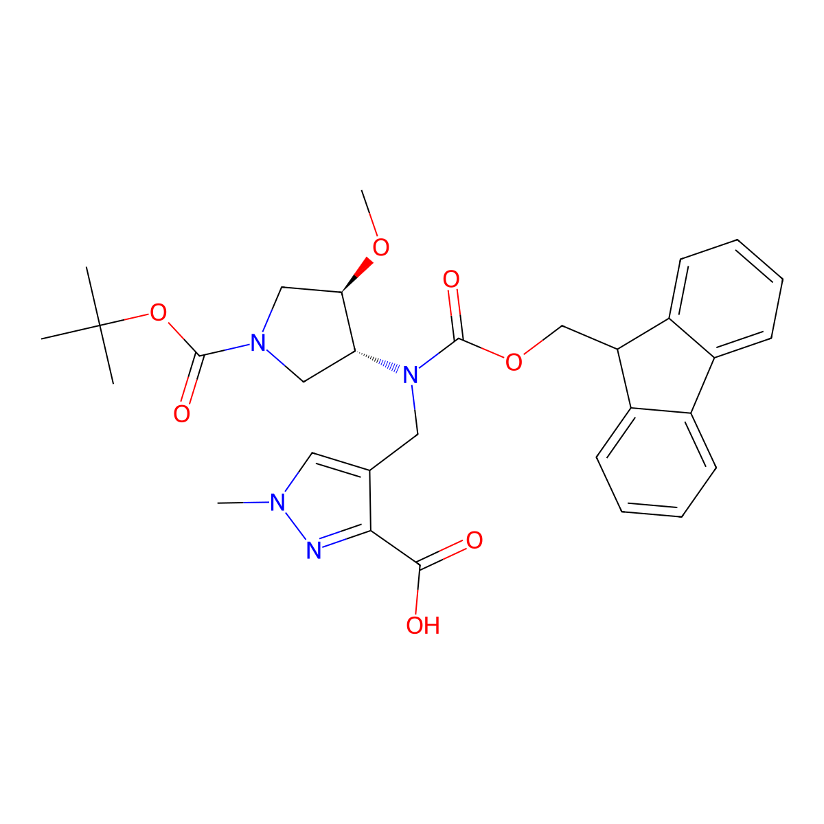 rac-4-({[(3R,4R)-1-[(tert-butoxy)carbonyl]-4-methoxypyrrolidin-3-yl]({[(9H-fluoren-9-yl)methoxy]carbonyl})amino}methyl)-1-methyl-1H-pyrazole-3-carboxylic acid molecular structure, CAS 2137061-55-1