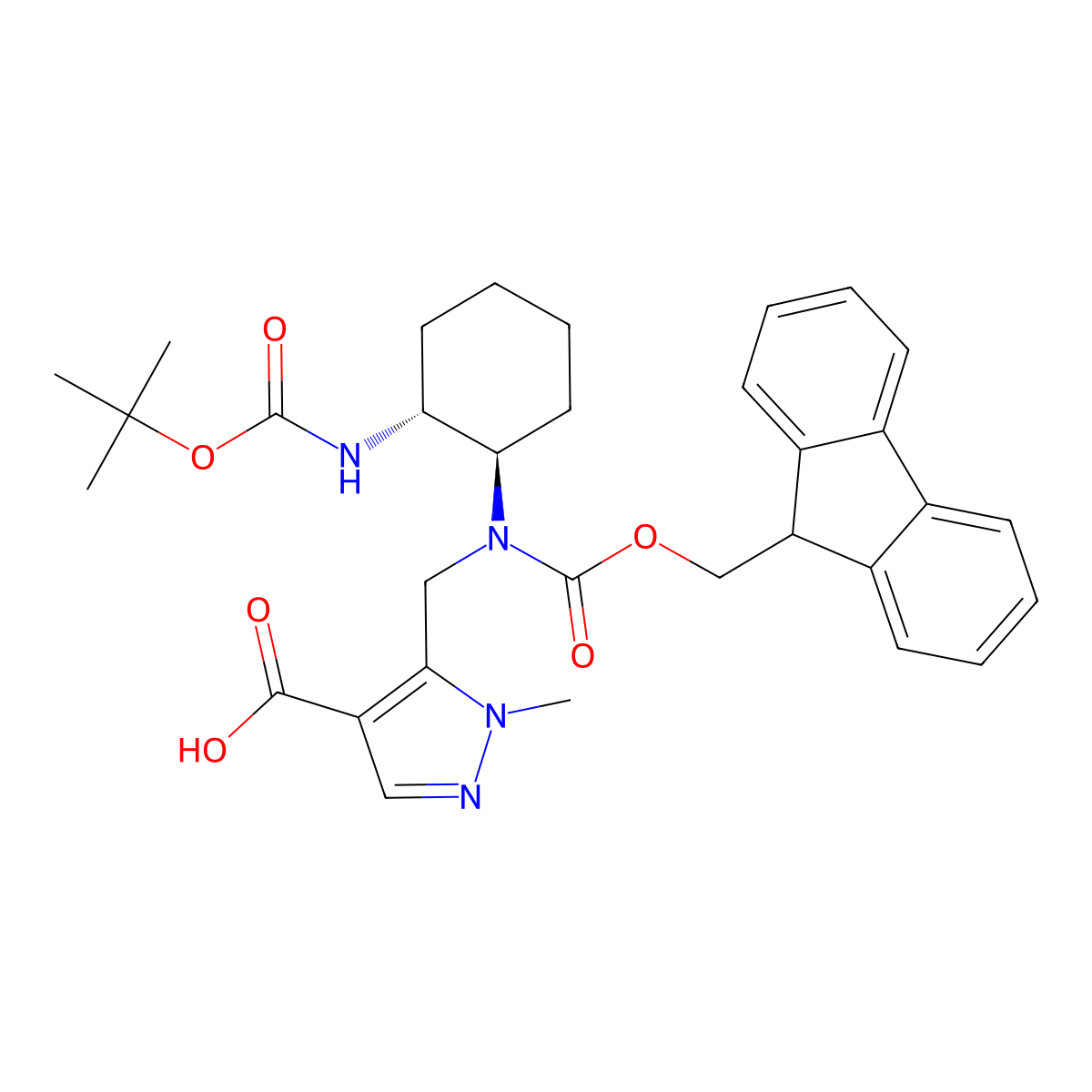 rac-5-({[(1R,2R)-2-{[(tert-butoxy)carbonyl]amino}cyclohexyl]({[(9H-fluoren-9-yl)methoxy]carbonyl})amino}methyl)-1-methyl-1H-pyrazole-4-carboxylic acid molecular structure, CAS 2137061-63-1