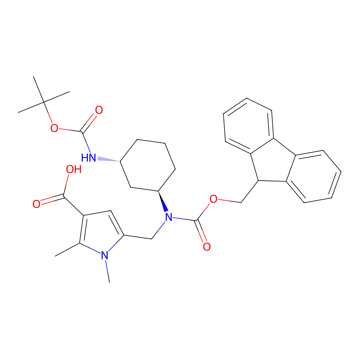 rac-5-({[(1R,3R)-3-{[(tert-butoxy)carbonyl]amino}cyclohexyl]({[(9H-fluoren-9-yl)methoxy]carbonyl})amino}methyl)-1,2-dimethyl-1H-pyrrole-3-carboxylic acid molecular structure, CAS 2137062-72-5