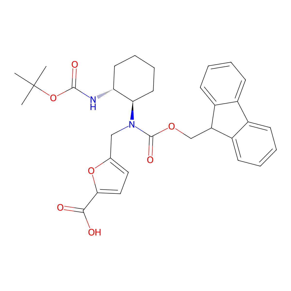 rac-5-({[(1R,2R)-2-{[(tert-butoxy)carbonyl]amino}cyclohexyl]({[(9H-fluoren-9-yl)methoxy]carbonyl})amino}methyl)furan-2-carboxylic acid molecular structure, CAS 2137068-42-7
