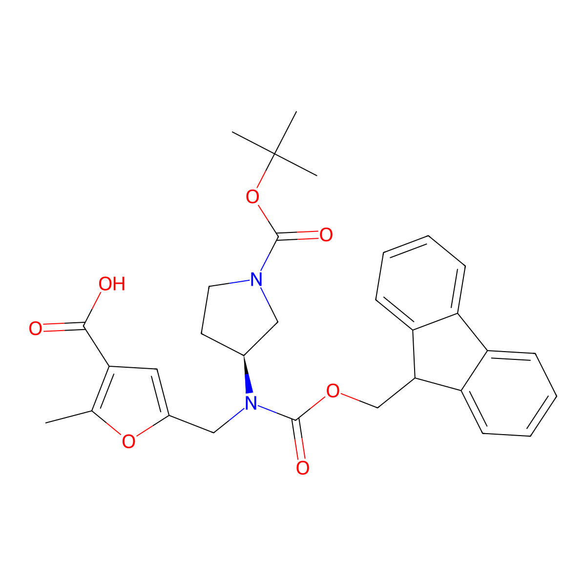 5-({[(3S)-1-[(tert-butoxy)carbonyl]pyrrolidin-3-yl]({[(9H-fluoren-9-yl)methoxy]carbonyl})amino}methyl)-2-methylfuran-3-carboxylic acid molecular structure, CAS 2137069-46-4
