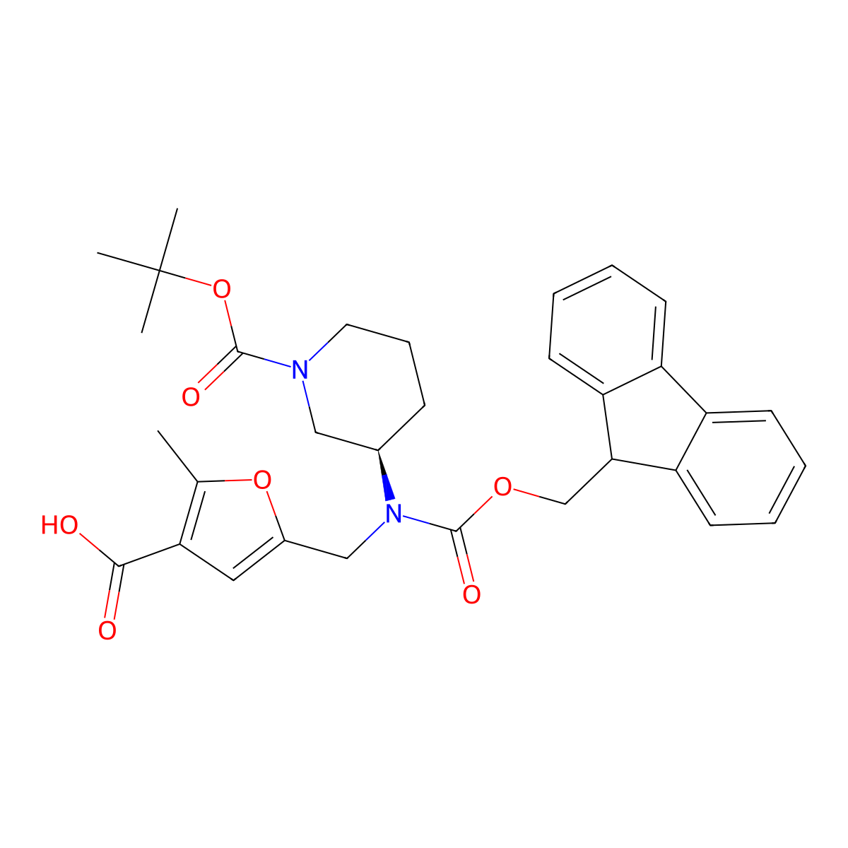 5-({[(3R)-1-[(tert-butoxy)carbonyl]piperidin-3-yl]({[(9H-fluoren-9-yl)methoxy]carbonyl})amino}methyl)-2-methylfuran-3-carboxylic acid molecular structure, CAS 2137077-66-6