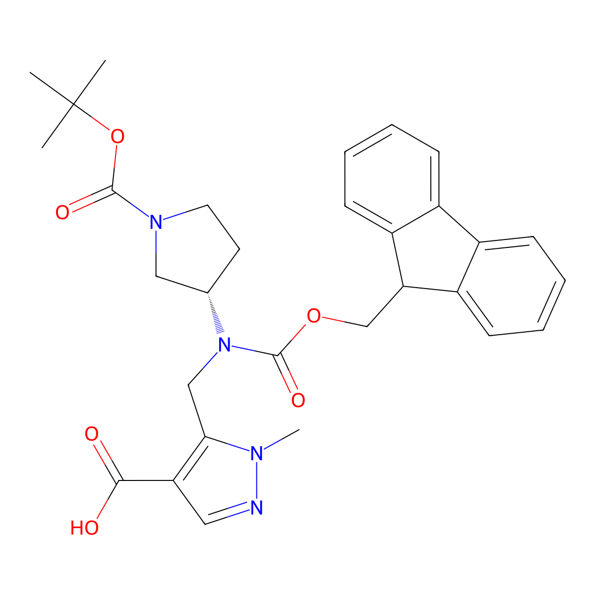 5-({[(3S)-1-[(tert-butoxy)carbonyl]pyrrolidin-3-yl]({[(9H-fluoren-9-yl)methoxy]carbonyl})amino}methyl)-1-methyl-1H-pyrazole-4-carboxylic acid molecular structure, CAS 2137078-87-4