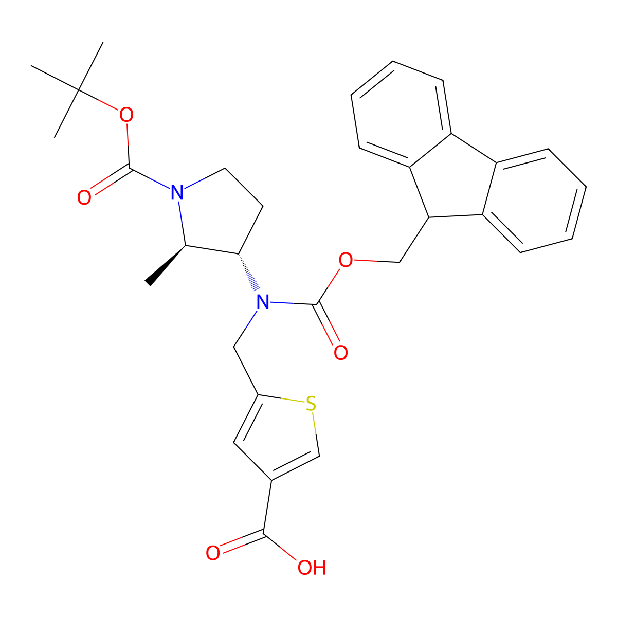 rac-5-({[(2R,3S)-1-[(tert-butoxy)carbonyl]-2-methylpyrrolidin-3-yl]({[(9H-fluoren-9-yl)methoxy]carbonyl})amino}methyl)thiophene-3-carboxylic acid molecular structure, CAS 2137081-39-9