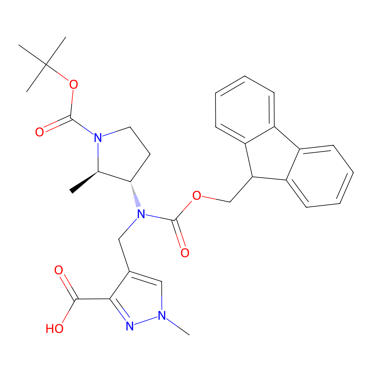 rac-4-({[(2R,3S)-1-[(tert-butoxy)carbonyl]-2-methylpyrrolidin-3-yl]({[(9H-fluoren-9-yl)methoxy]carbonyl})amino}methyl)-1-methyl-1H-pyrazole-3-carboxylic acid molecular structure, CAS 2137089-77-9