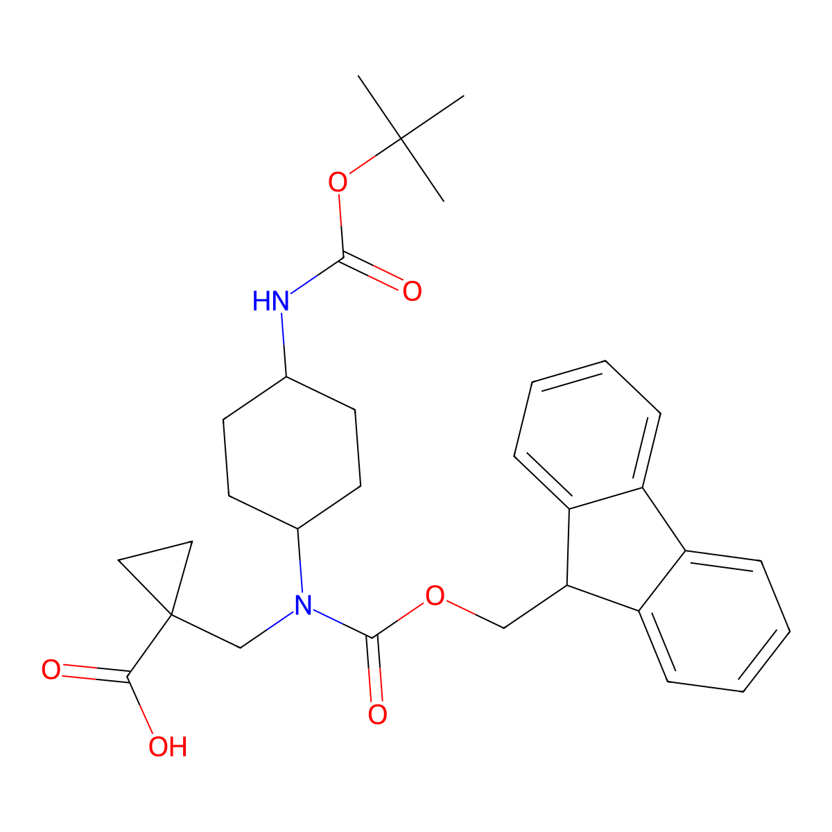 1-[[9H-Fluoren-9-ylmethoxycarbonyl-[4-[(2-methylpropan-2-yl)oxycarbonylamino]cyclohexyl]amino]methyl]cyclopropane-1-carboxylic acid molecular structure, CAS 2137092-24-9