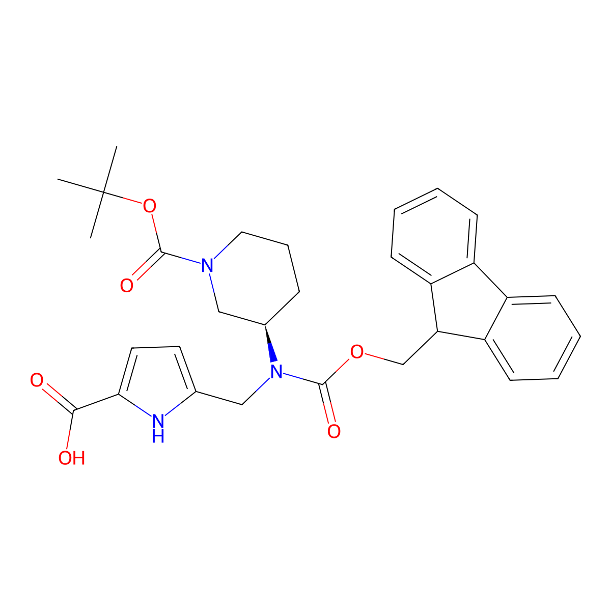 5-((((3R)-1-((tert-butoxy)carbonyl)piperidin-3-yl)((((9H-fluoren-9-yl)methoxy)carbonyl))amino)methyl)-1H-pyrrole-2-carboxylic acid molecular structure, CAS 2137095-89-5