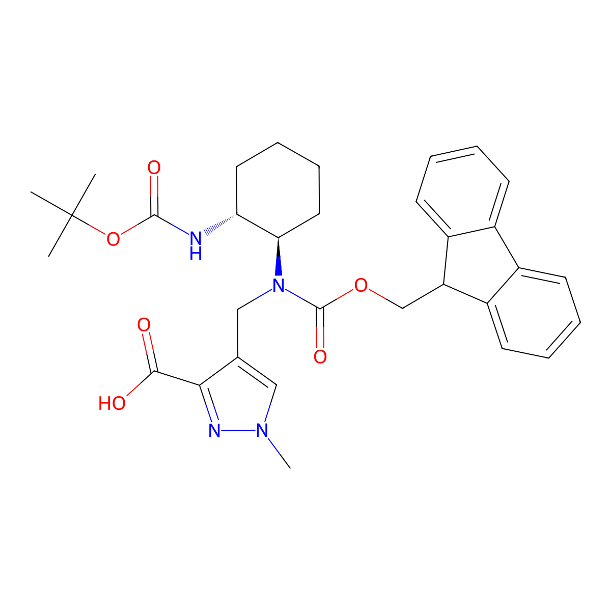 rac-4-({[(1R,2R)-2-{[(tert-butoxy)carbonyl]amino}cyclohexyl]({[(9H-fluoren-9-yl)methoxy]carbonyl})amino}methyl)-1-methyl-1H-pyrazole-3-carboxylic acid molecular structure, CAS 2137096-62-7