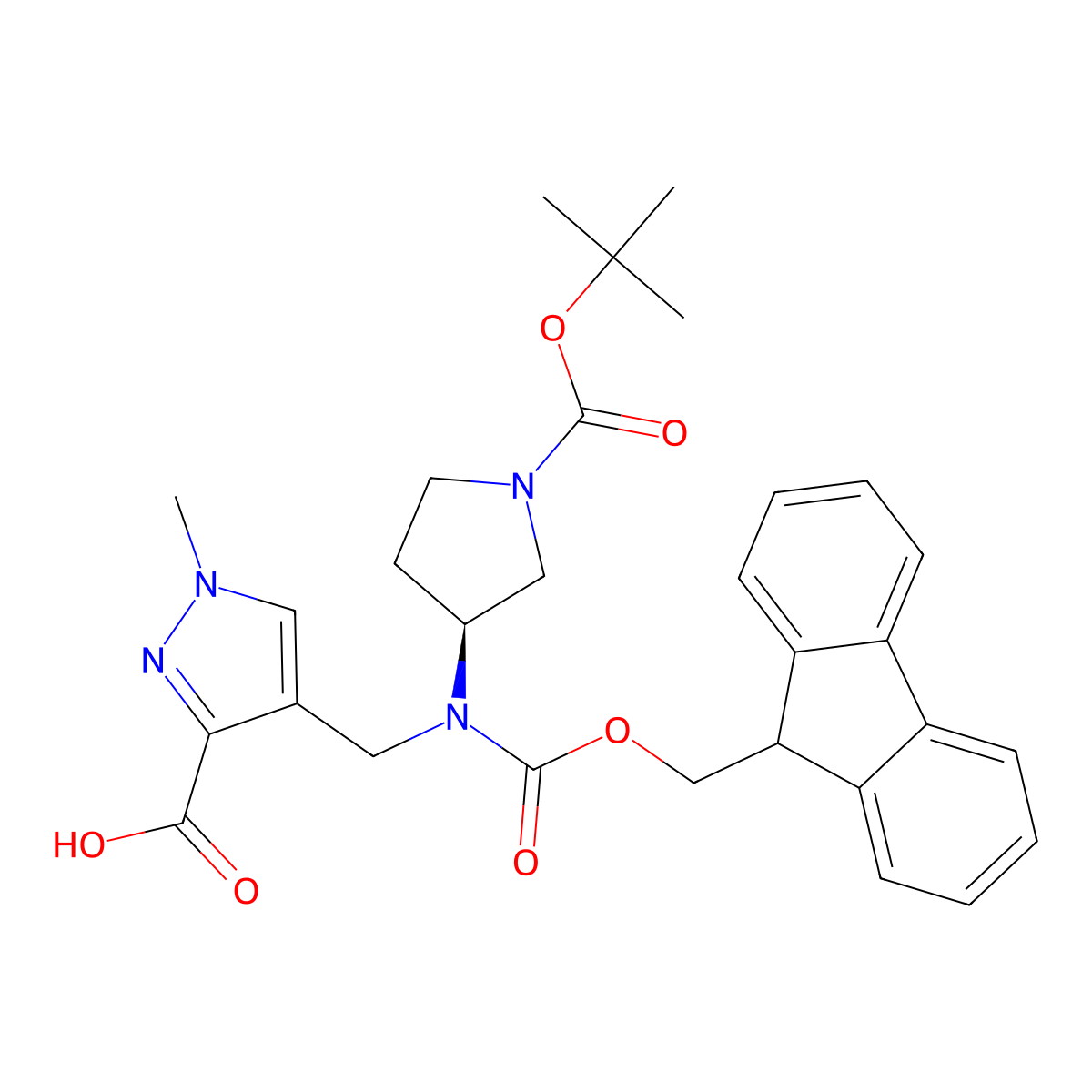 4-({[(3S)-1-[(tert-butoxy)carbonyl]pyrrolidin-3-yl]({[(9H-fluoren-9-yl)methoxy]carbonyl})amino}methyl)-1-methyl-1H-pyrazole-3-carboxylic acid molecular structure, CAS 2137134-89-3