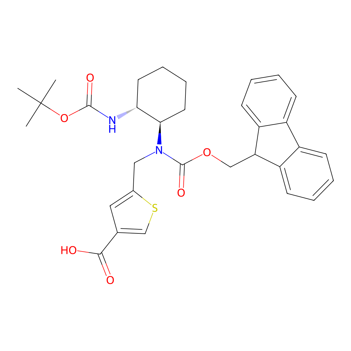 rac-5-({[(1R,2R)-2-{[(tert-butoxy)carbonyl]amino}cyclohexyl]({[(9H-fluoren-9-yl)methoxy]carbonyl})amino}methyl)thiophene-3-carboxylic acid molecular structure, CAS 2137134-92-8