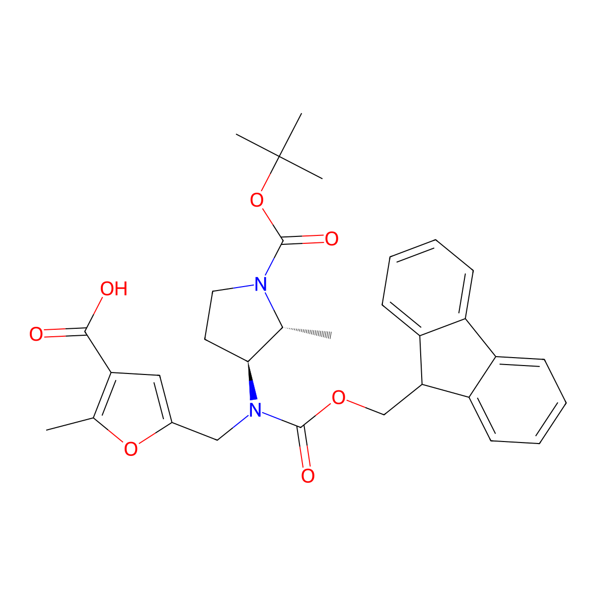 rac-5-({[(2R,3S)-1-[(tert-butoxy)carbonyl]-2-methylpyrrolidin-3-yl]({[(9H-fluoren-9-yl)methoxy]carbonyl})amino}methyl)-2-methylfuran-3-carboxylic acid molecular structure, CAS 2137136-09-3