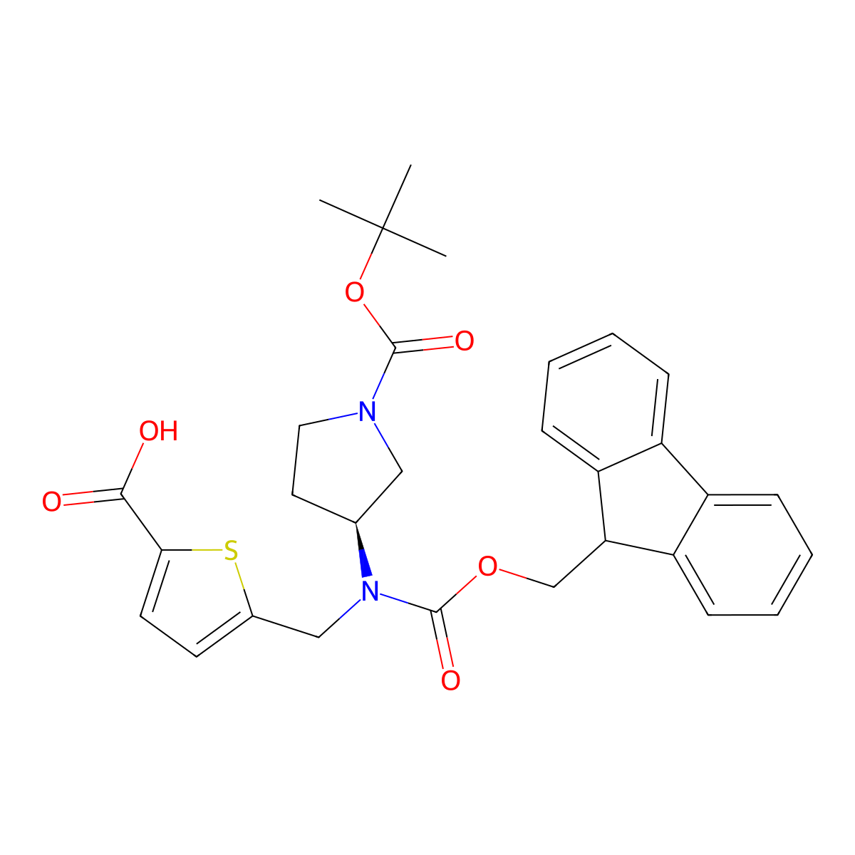 5-({[(3S)-1-[(tert-butoxy)carbonyl]pyrrolidin-3-yl]({[(9H-fluoren-9-yl)methoxy]carbonyl})amino}methyl)thiophene-2-carboxylic acid molecular structure, CAS 2137143-01-0