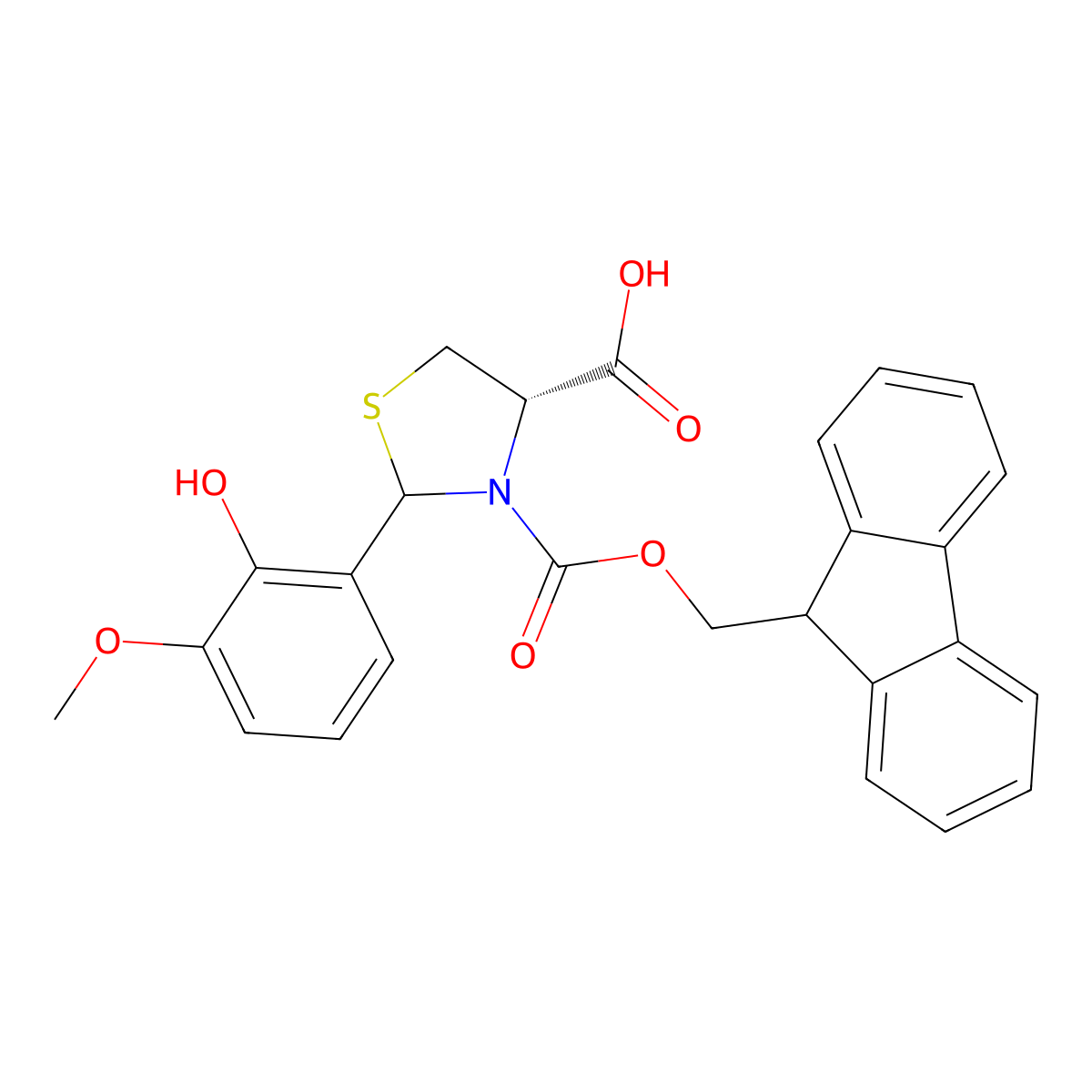 (4S)-3-{[(9H-fluoren-9-yl)methoxy]carbonyl}-2-(2-hydroxy-3-methoxyphenyl)-1,3-thiazolidine-4-carboxylic acid molecular structure, CAS 2137419-56-6