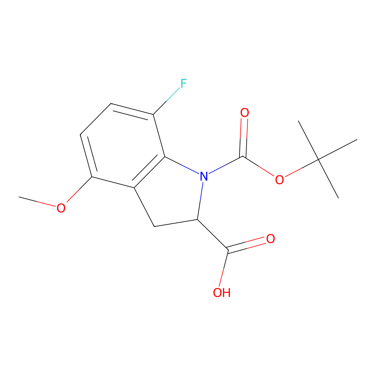 1-[(tert-butoxy)carbonyl]-7-fluoro-4-methoxy-2,3-dihydro-1H-indole-2-carboxylic acid molecular structure, CAS 2137443-15-1
