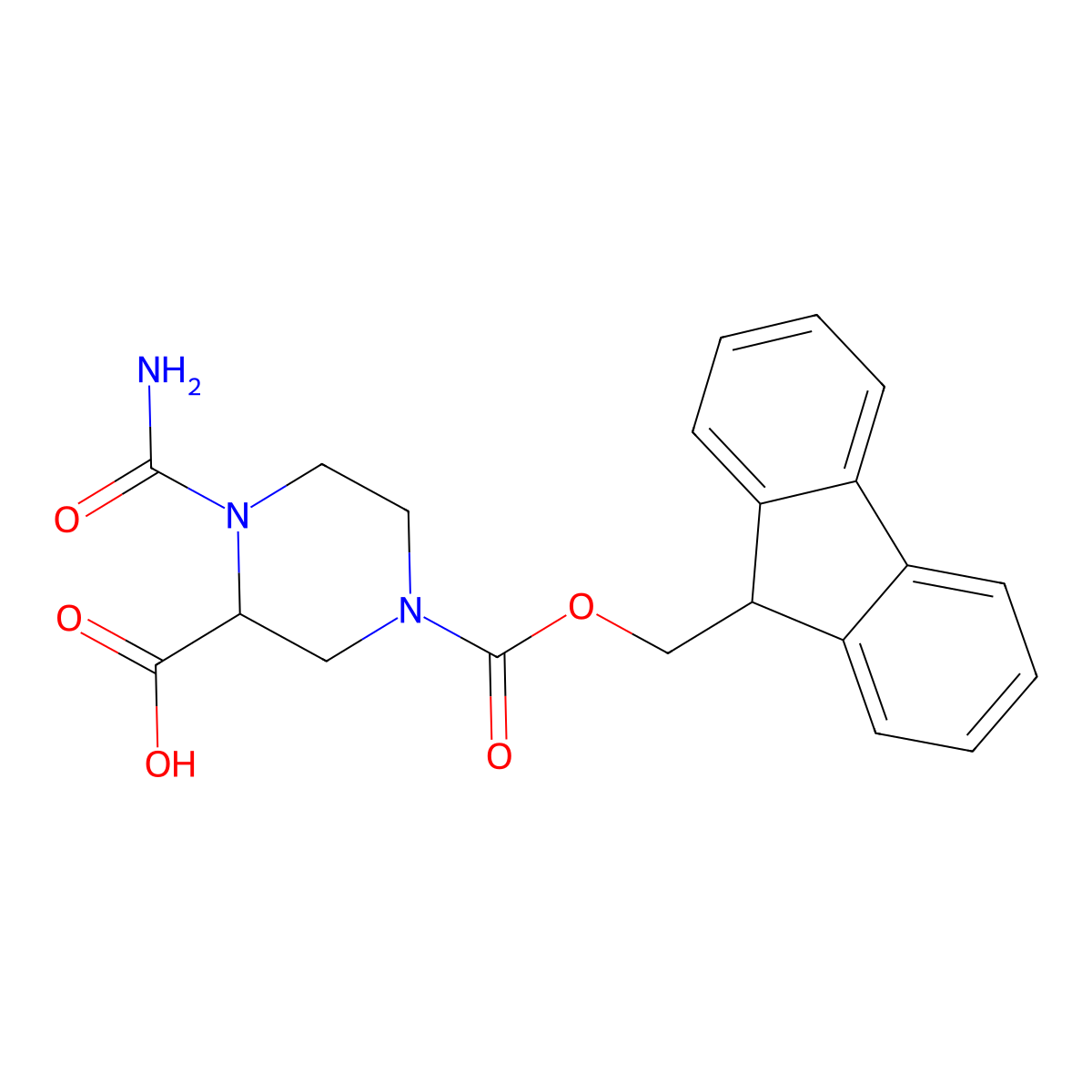 1-carbamoyl-4-{[(9H-fluoren-9-yl)methoxy]carbonyl}piperazine-2-carboxylic acid molecular structure, CAS 2137447-80-2