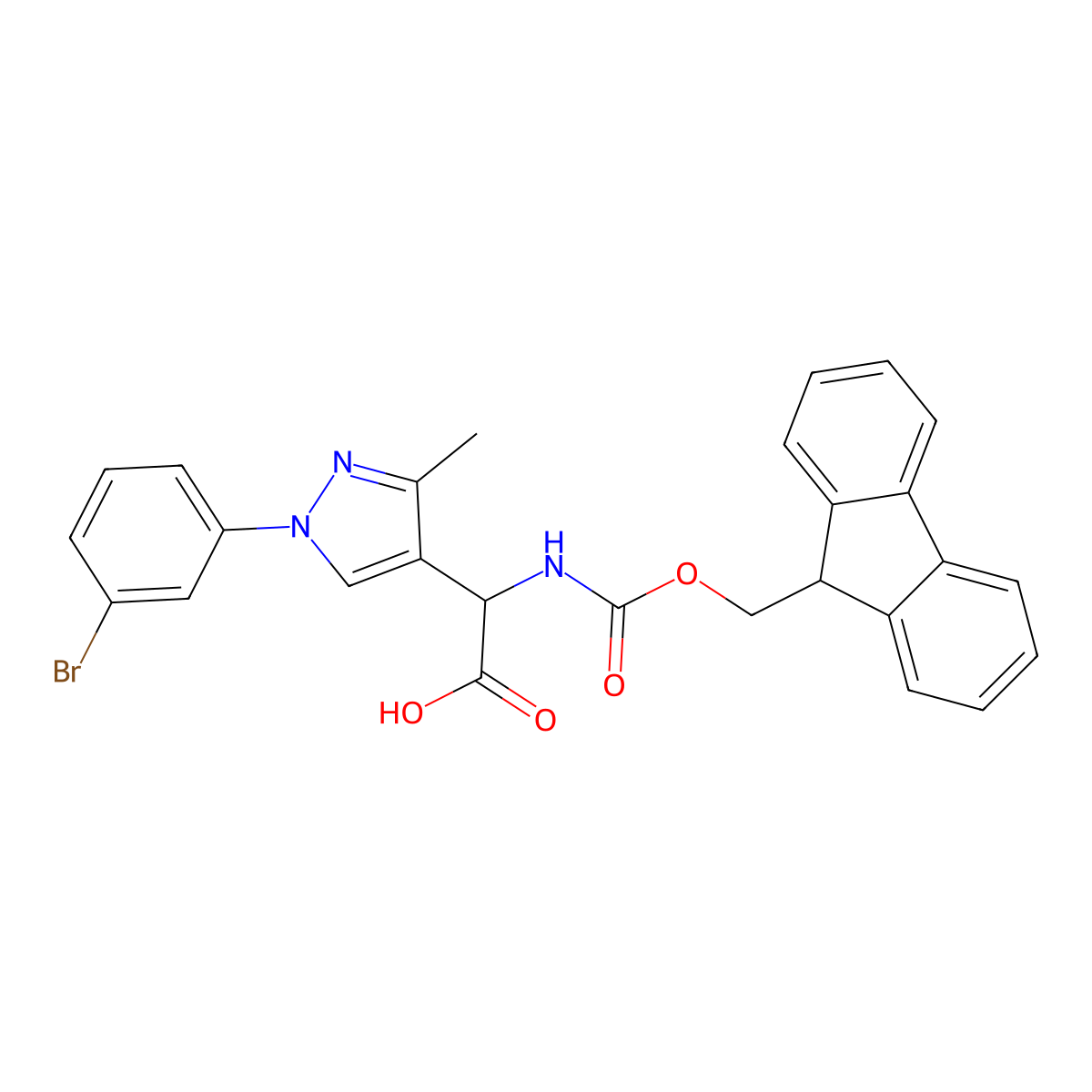 2-[1-(3-bromophenyl)-3-methyl-1H-pyrazol-4-yl]-2-({[(9H-fluoren-9-yl)methoxy]carbonyl}amino)acetic acid molecular structure, CAS 2137463-13-7