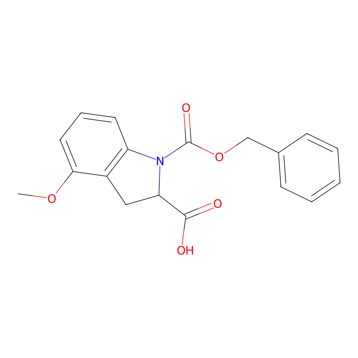 1-[(benzyloxy)carbonyl]-4-methoxy-2,3-dihydro-1H-indole-2-carboxylic acid molecular structure, CAS 2137470-33-6