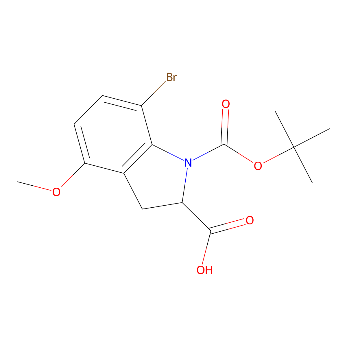 7-bromo-1-[(tert-butoxy)carbonyl]-4-methoxy-2,3-dihydro-1H-indole-2-carboxylic acid molecular structure, CAS 2137470-54-1