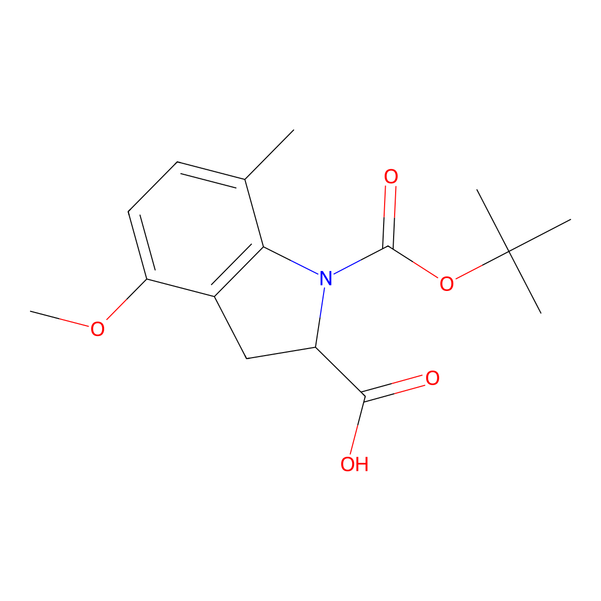 1-[(tert-butoxy)carbonyl]-4-methoxy-7-methyl-2,3-dihydro-1H-indole-2-carboxylic acid molecular structure, CAS 2137471-19-1