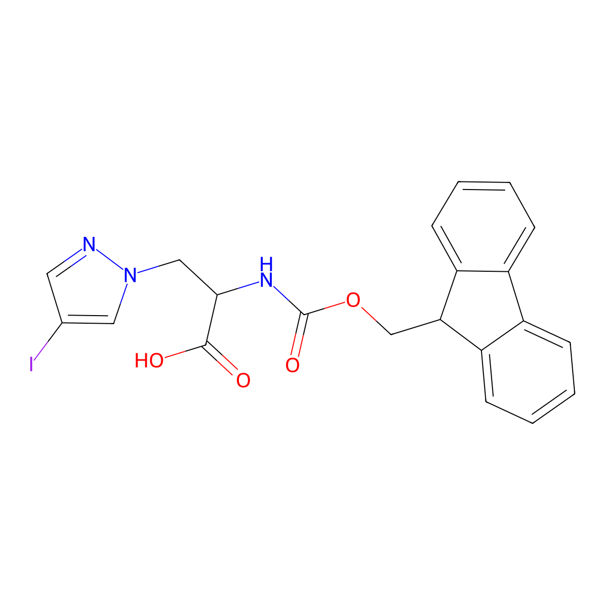 2-((((9H-fluoren-9-yl)methoxy)carbonyl)amino)-3-(4-iodo-1H-pyrazol-1-yl)propanoic acid molecular structure, CAS 2137473-26-6