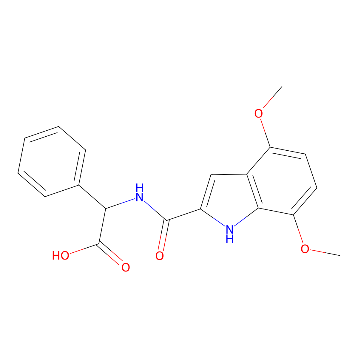 2-[(4,7-dimethoxy-1H-indol-2-yl)formamido]-2-phenylacetic acid molecular structure, CAS 2137488-28-7