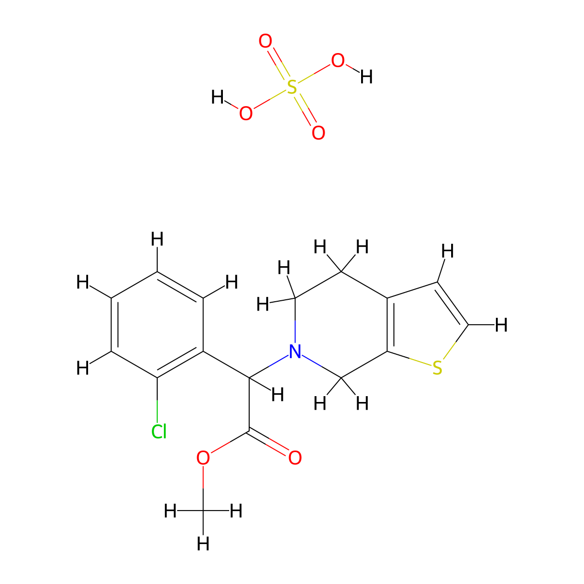 alpha-(2-chlorophenyl)-4,7-dihydro-thieno(2,3-c)pyridine-6(5H)-acetic acid methyl ester, sulfate molecular structure, CAS 2137493-39-9