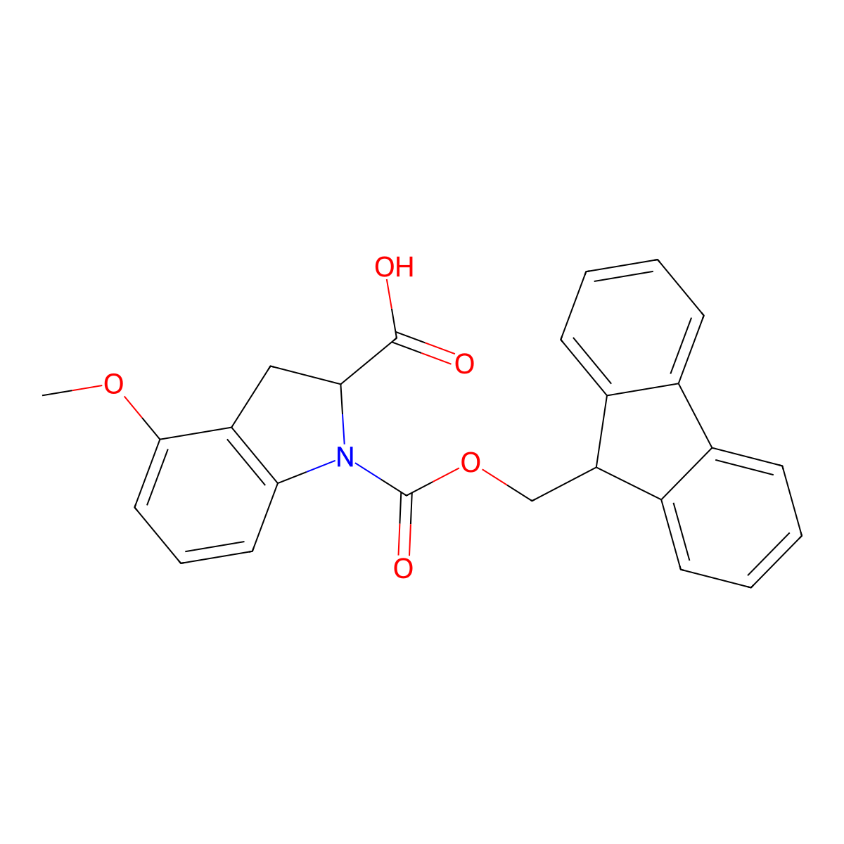 1-{[(9H-fluoren-9-yl)methoxy]carbonyl}-4-methoxy-2,3-dihydro-1H-indole-2-carboxylic acid molecular structure, CAS 2137506-44-4