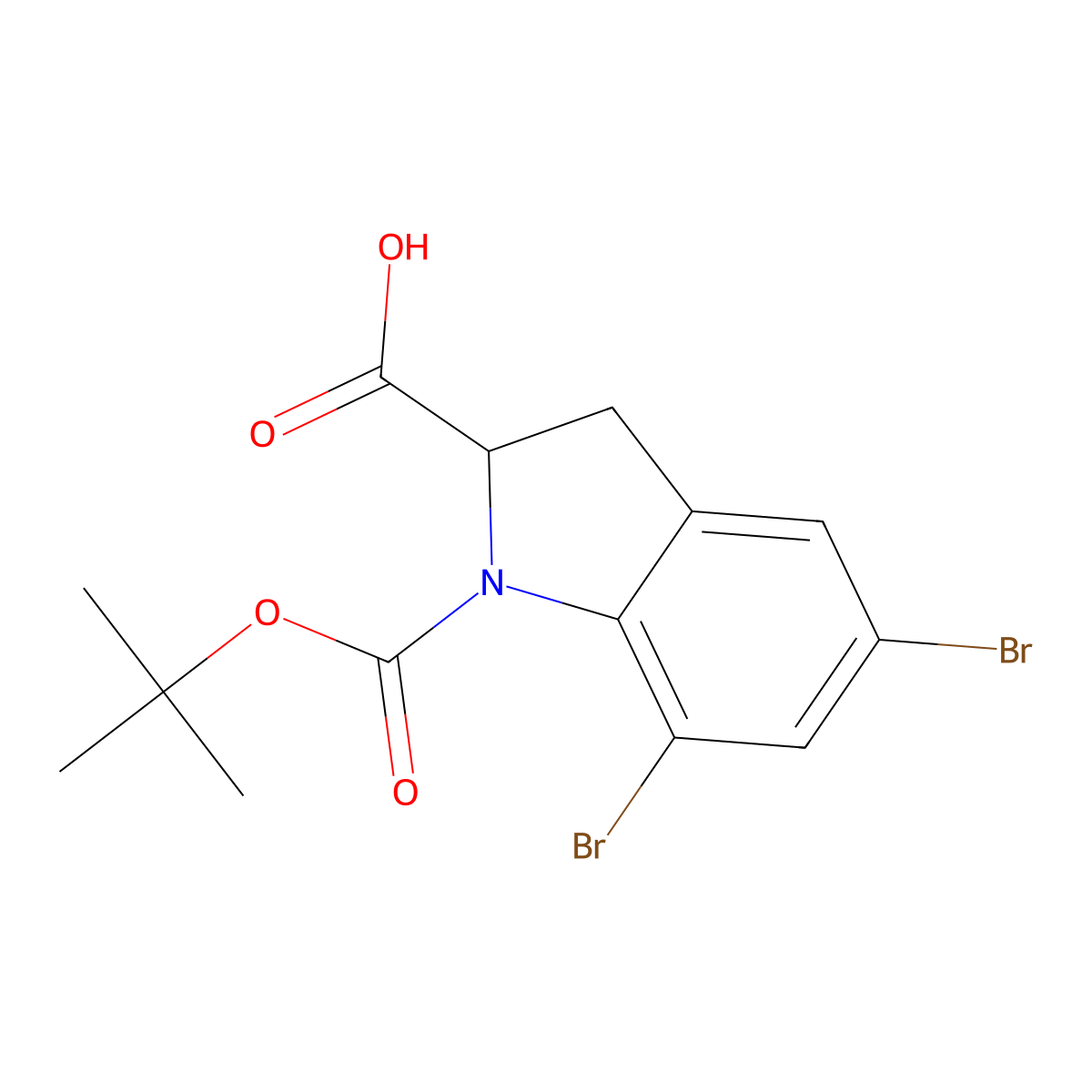 5,7-dibromo-1-[(tert-butoxy)carbonyl]-2,3-dihydro-1H-indole-2-carboxylic acid molecular structure, CAS 2137509-81-8