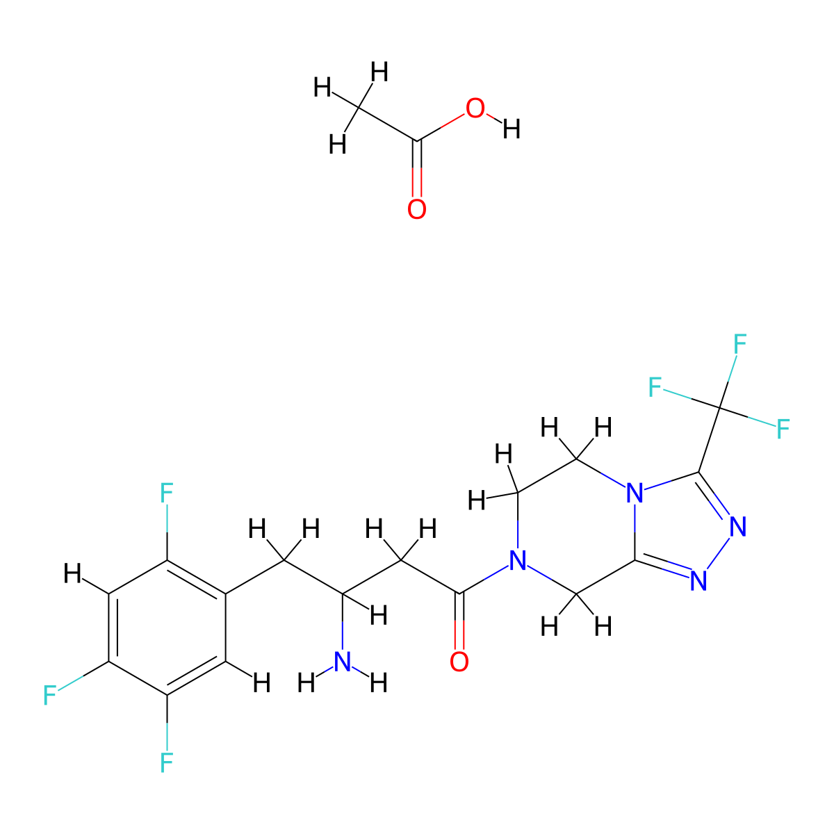 3-amino-1-(3-(trifluoromethyl)-5H,6H,7H,8H-(1,2,4)triazolo(4,3-a)pyrazin-7-yl)-4-(2,4,5-trifluorophenyl)butan-1-one; acetic acid molecular structure, CAS 2137530-88-0